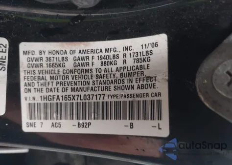 2007 Honda Civic Lx z USA, uszkodzony, nr VIN 1HGFA165X7L037177